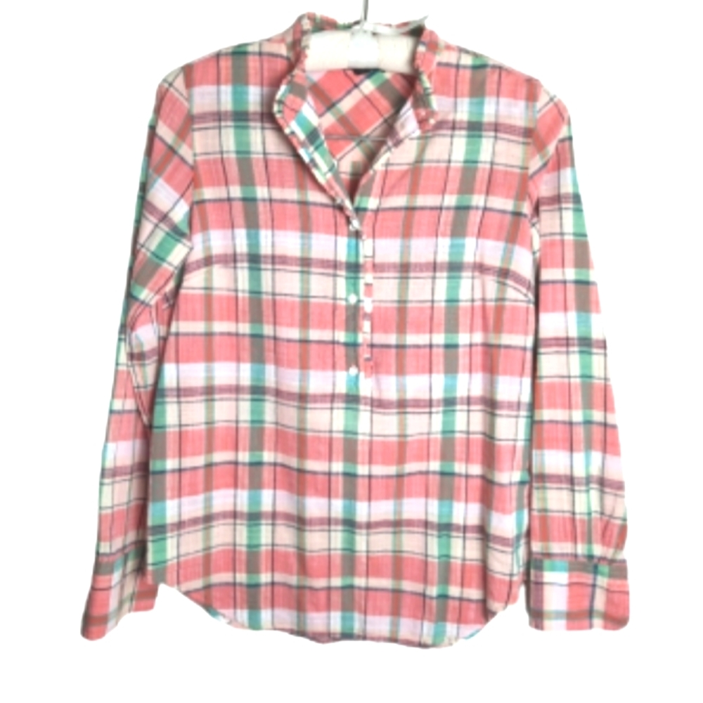 J. Crew Classic Ruffle, Plaid Long Sleeve Peach and Green Shirt, Size 0